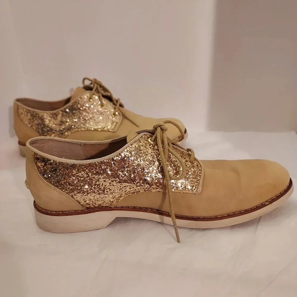 Sperry Top-Sider Beige and Gold Sequin Glitter Lace Up Oxford Shoes in Size 8.5M